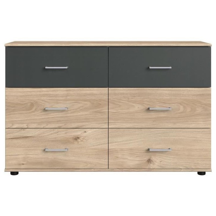 Commode RHODES - 6 tiroirs - Décor Chene et gris - L130 x P41 x H83 cm