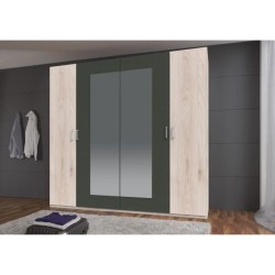 Armoire RHODES - 4 portes + miroirs - Décor Chene Hickory et gris - L