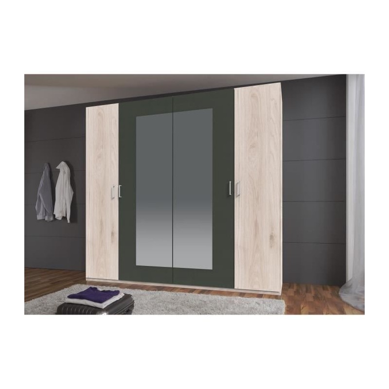 Armoire RHODES - 4 portes + miroirs - Décor Chene Hickory et gris - L Armoire RHODES - 4 portes + miroirs - Décor Chene Hickory et gris - L