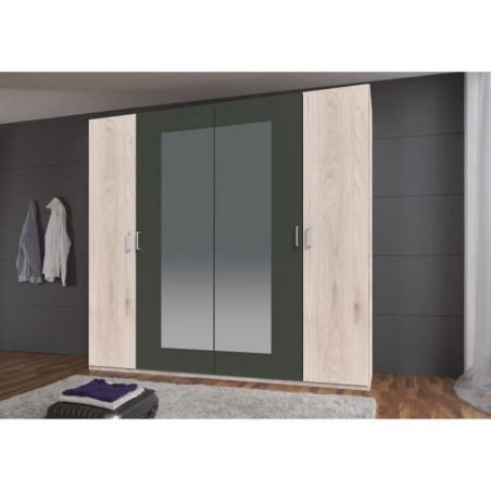 Armoire RHODES - 4 portes + miroirs - Décor Chene Hickory et gris - L