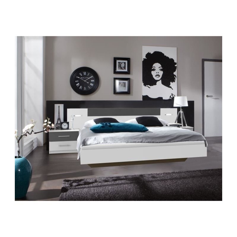 RHODES Lit adulte avec 2 chevets et 2 liseuses - 160 x 200 cm - Blanc
