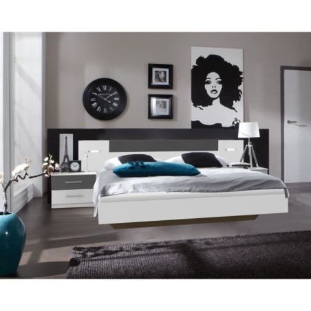 RHODES Lit adulte avec 2 chevets et 2 liseuses - 160 x 200 cm - Blanc