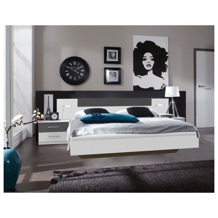 RHODES Lit adulte avec 2 chevets et 2 liseuses - 160 x 200 cm - Blanc /Graphite