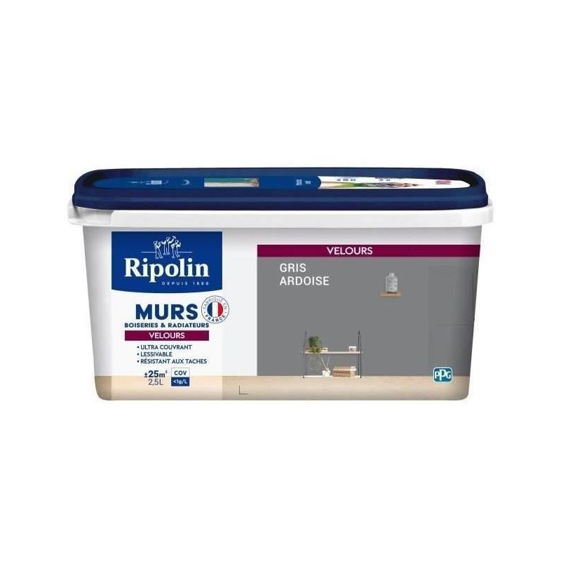 RIPOLIN Peinture Couleur Velours pour Murs, Boiseries Radiateurs - Gri RIPOLIN Peinture Couleur Velours pour Murs, Boiseries Radiateurs - Gri