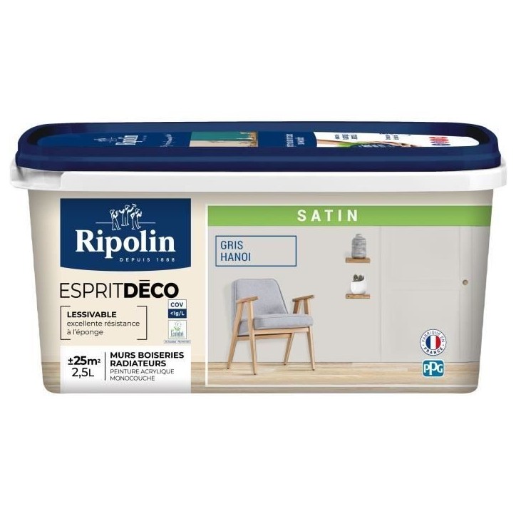 Peinture Intérieure - Gris Hanoi - Satiné - Monocouche - 2,5L - Ripolin Peinture Intérieure - Gris Hanoi - Satiné - Monocouche - 2,5L - Ripolin