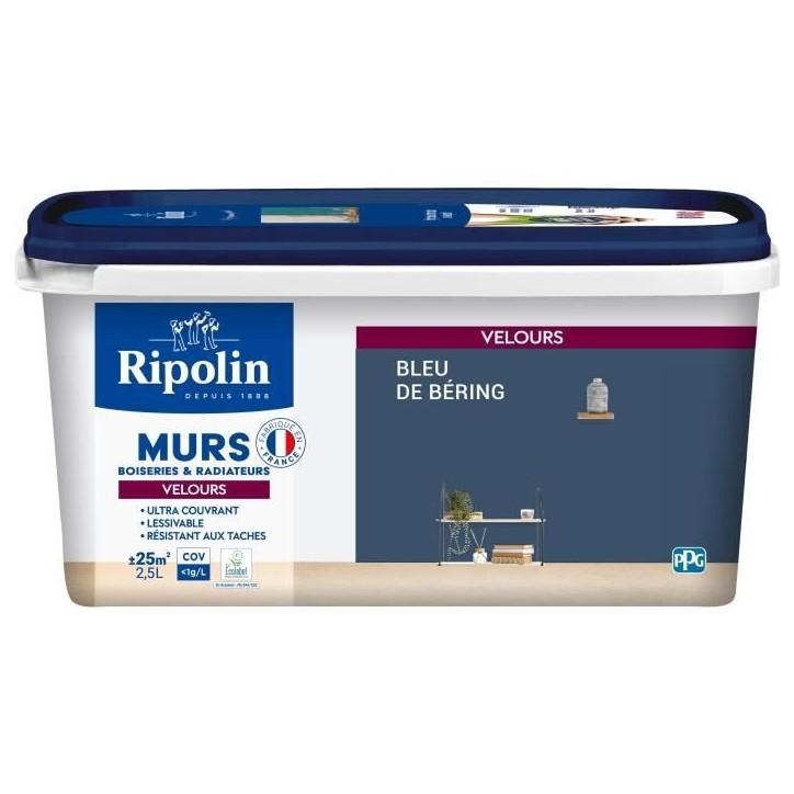 Peinture Intérieure - Ripolin - Bleu de Béring - 2,5L - Velours - Haute Opacité Peinture Intérieure - Ripolin - Bleu de Béring - 2,5L - Velours - Haute Opacité