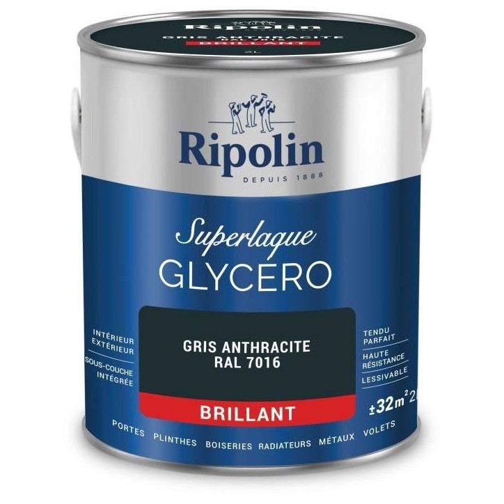 Laque glycéro gris anthracite RAL 7016 brillant - RIPOLIN - 2 L Laque glycéro gris anthracite RAL 7016 brillant - RIPOLIN - 2 L