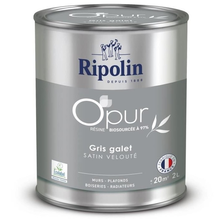 Peinture O'PUR murs, boiseries & radiateurs - RIPOLIN - 472824 - Gris galet - Satin veloute - 2 L Peinture O'PUR murs, boiseries & radiateurs - RIPOLIN - 472824 - Gris galet - Satin veloute - 2 L