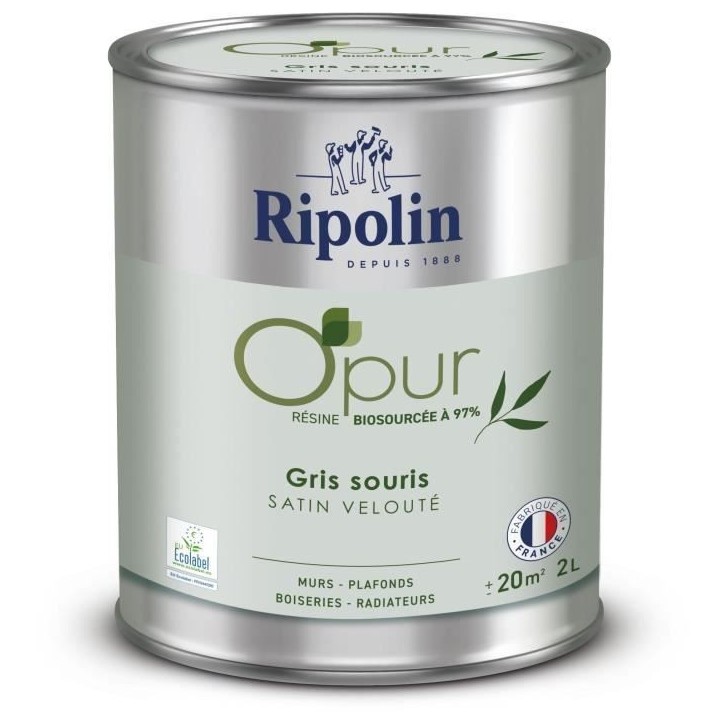 Peinture O'PUR murs, boiseries & radiateurs - RIPOLIN - 472827 - Gris souris - Satin veloute - 2 L Peinture O'PUR murs, boiseries & radiateurs - RIPOLIN - 472827 - Gris souris - Satin veloute - 2 L