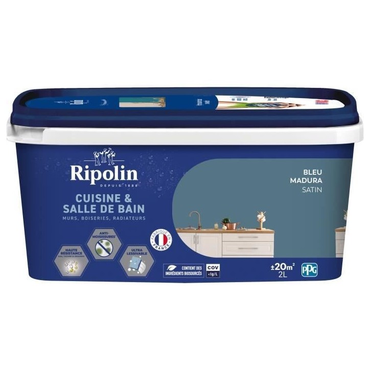 Peinture murs, boiseries, plafonds, radiateurs - RIPOLIN - Cuisine et bain - 2 L - Bleu Madura Peinture murs, boiseries, plafonds, radiateurs - RIPOLIN - Cuisine et bain - 2 L - Bleu Madura