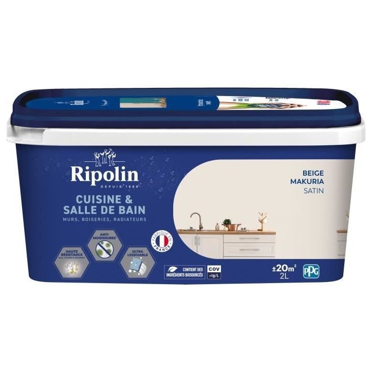 Peinture murs, boiseries, plafonds, radiateurs - RIPOLIN - Cuisine et bain - 2 L - Beige Makuria Peinture murs, boiseries, plafonds, radiateurs - RIPOLIN - Cuisine et bain - 2 L - Beige Makuria