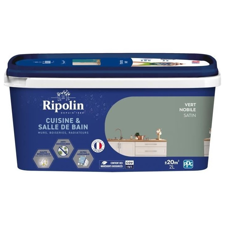 Peinture murs, boiseries, plafonds, radiateurs - RIPOLIN - Cuisine et bain - 2 L - Vert Nobile Peinture murs, boiseries, plafonds, radiateurs - RIPOLIN - Cuisine et bain - 2 L - Vert Nobile