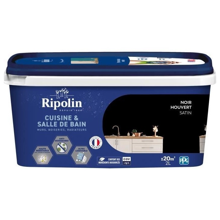 Peinture murs, boiseries, plafonds, radiateurs - RIPOLIN - Cuisine et bain - 2 L - Noir Houvert Peinture murs, boiseries, plafonds, radiateurs - RIPOLIN - Cuisine et bain - 2 L - Noir Houvert