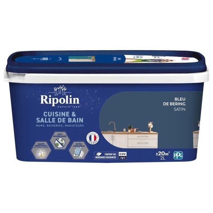 Peinture murs, boiseries, plafonds, radiateurs - RIPOLIN - Cuisine et bain - 2 L - Bleu de Bering Peinture murs, boiseries, plafonds, radiateurs - RIPOLIN - Cuisine et bain - 2 L - Bleu de Bering