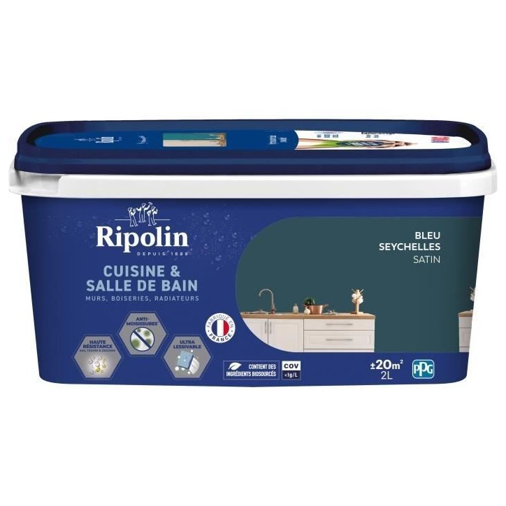 Peinture murs, boiseries, plafonds, radiateurs - RIPOLIN - Cuisine et bain - 2 L - Bleu Seychelles Peinture murs, boiseries, plafonds, radiateurs - RIPOLIN - Cuisine et bain - 2 L - Bleu Seychelles