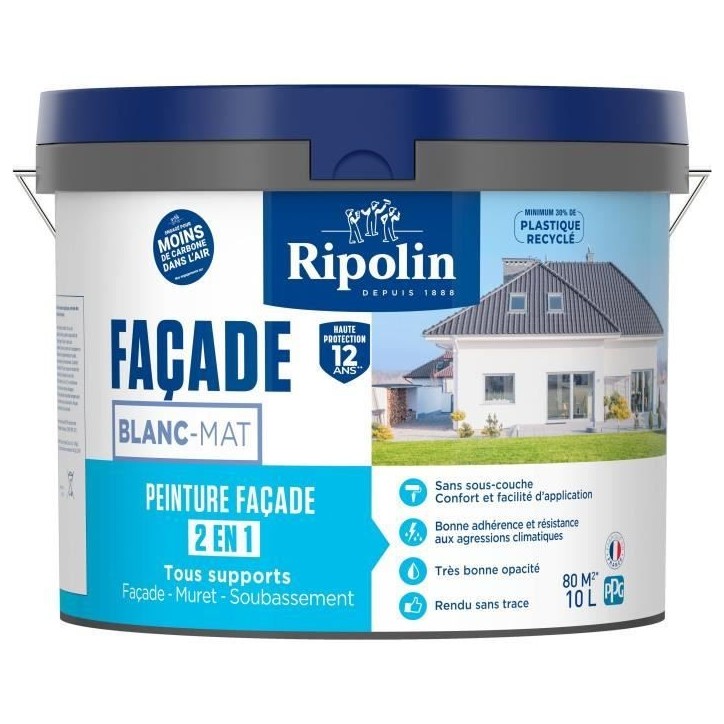 Peinture façade classic 2 en 1 - RIPOLIN - 474646 - Blanc - Mat - 10 L Peinture façade classic 2 en 1 - RIPOLIN - 474646 - Blanc - Mat - 10 L