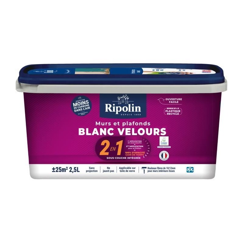 Mur & plafond 2 en 1 blanc velours - RIPOLIN - 2,5 L Mur & plafond 2 en 1 blanc velours - RIPOLIN - 2,5 L