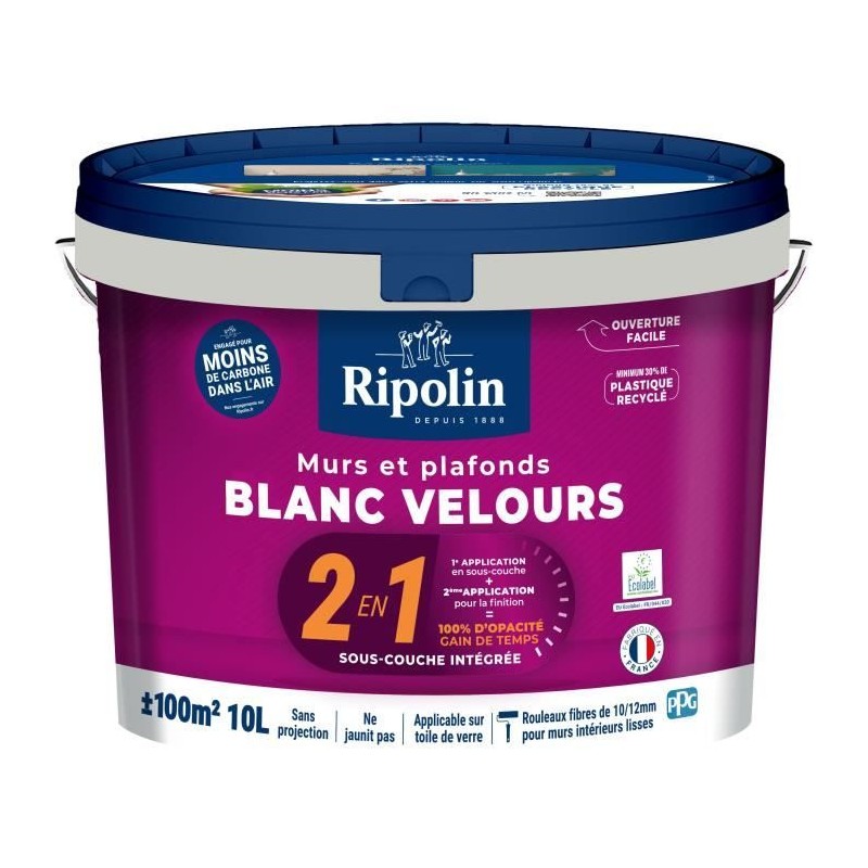 Mur & plafond 2 en 1 blanc velours - RIPOLIN - 10 L Mur & plafond 2 en 1 blanc velours - RIPOLIN - 10 L