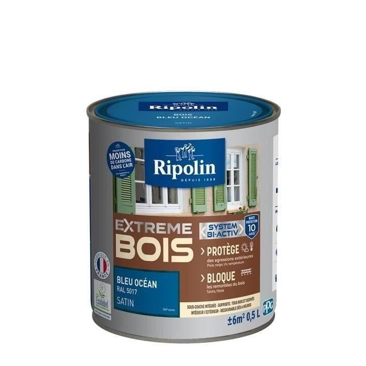 RIPOLIN Peinture Bois Satin Haute Protection 10 ans qui Protege et Magnifie vos Bois - Bleu océan