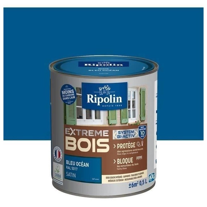 RIPOLIN Peinture Bois Satin Haute Protection 10 ans qui Protege et Magnifie vos Bois - Bleu océan