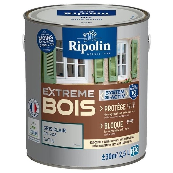 RIPOLIN Peinture pour bois intérieur et extérieur - Gris clair Ral 7035 satin - 2,5 L RIPOLIN Peinture pour bois intérieur et extérieur - Gris clair Ral 7035 satin - 2,5 L