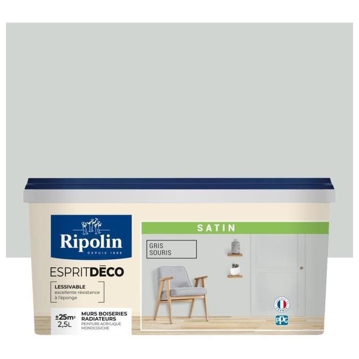RIPOLIN Peinture murale pour toutes pieces - Gris souris satin - 2,5 L RIPOLIN Peinture murale pour toutes pieces - Gris souris satin - 2,5 L