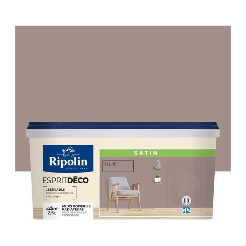 RIPOLIN Peinture murale pour toutes pieces - Taupe satin - 2,5 L RIPOLIN Peinture murale pour toutes pieces - Taupe satin - 2,5 L