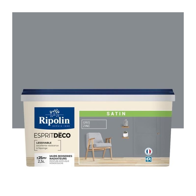 Peinture Murale Toutes Pieces - Satin - 2,5L - Gris Zinc - Ripolin Peinture Murale Toutes Pieces - Satin - 2,5L - Gris Zinc - Ripolin