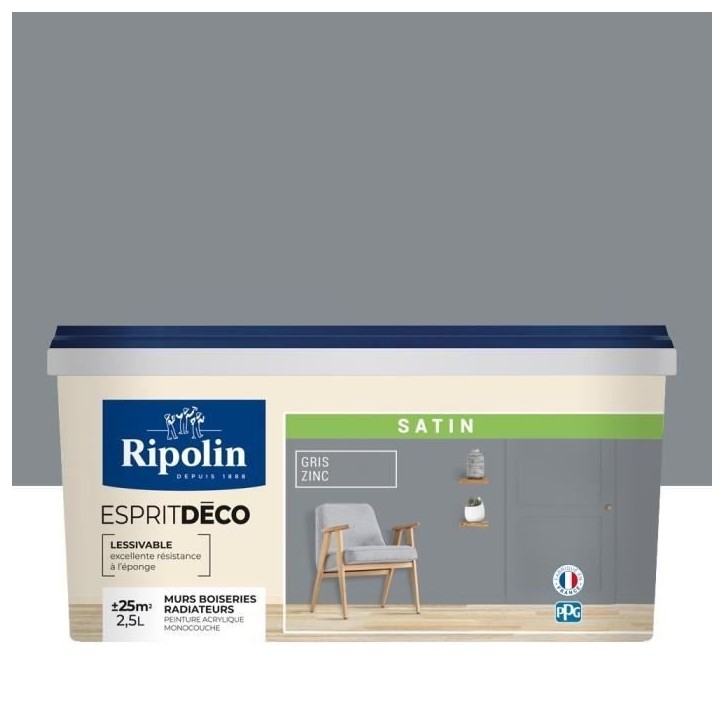 Peinture Murale Toutes Pieces - Satin - 2,5L - Gris Zinc - Ripolin Peinture Murale Toutes Pieces - Satin - 2,5L - Gris Zinc - Ripolin