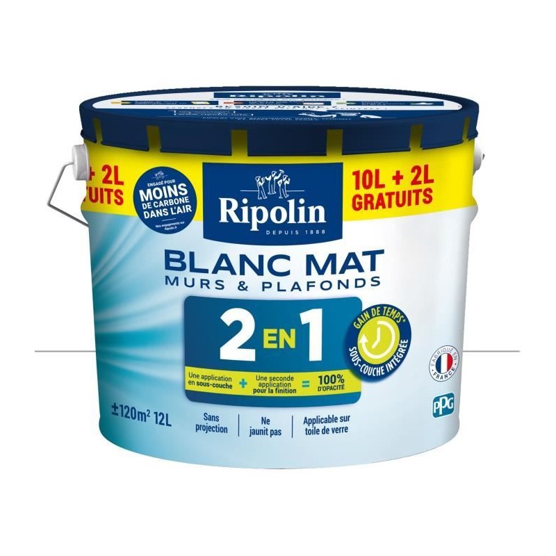 Peinture Murs et Plafonds 2 en 1 Blanc Mat Ripolin 10L + 2L gratuits Peinture Murs et Plafonds 2 en 1 Blanc Mat Ripolin 10L + 2L gratuits