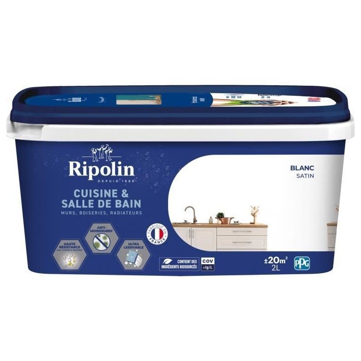 Peinture murs, boiseries, plafonds, radiateurs - RIPOLIN - Cuisine et bain - 2 L - Blanc Peinture murs, boiseries, plafonds, radiateurs - RIPOLIN - Cuisine et bain - 2 L - Blanc