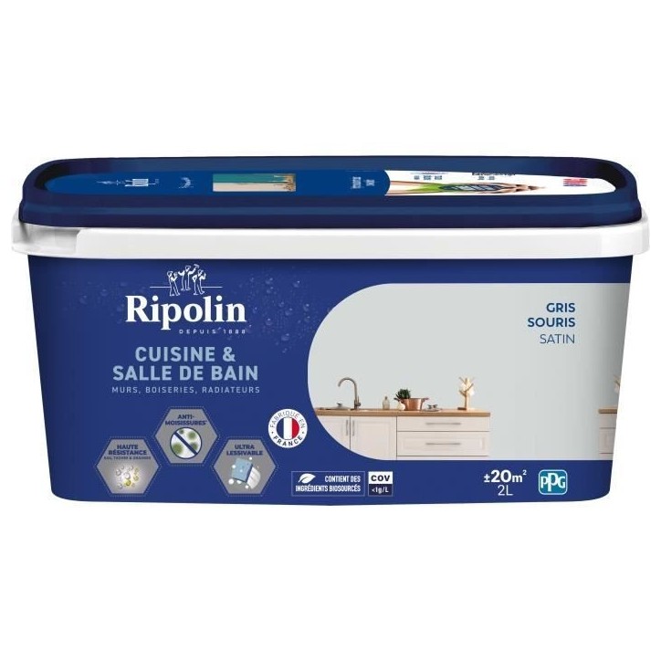 Peinture murs, boiseries, plafonds, radiateurs - RIPOLIN - Cuisine et bain - 2 L - Gris Souris Peinture murs, boiseries, plafonds, radiateurs - RIPOLIN - Cuisine et bain - 2 L - Gris Souris