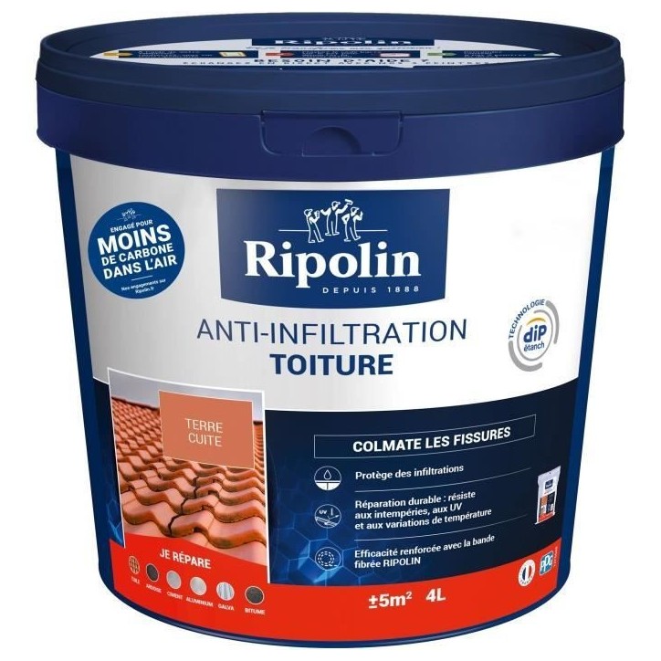 Revetement Anti-Infiltrations Toiture - RIPOLIN - Terre cuite - 4L - Bicouche - Extérieur Revetement Anti-Infiltrations Toiture - RIPOLIN - Terre cuite - 4L - Bicouche - Extérieur