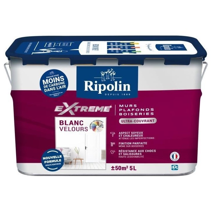 Peinture Extreme murs et plafonds - Blanc velours - RIPOLIN - 5 L Peinture Extreme murs et plafonds - Blanc velours - RIPOLIN - 5 L