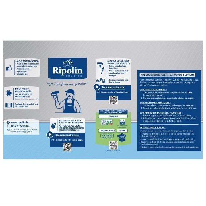 Peinture plafonds cuisine & salle de bain - Blanc mat - RIPOLIN - 1L Peinture plafonds cuisine & salle de bain - Blanc mat - RIPOLIN - 1L