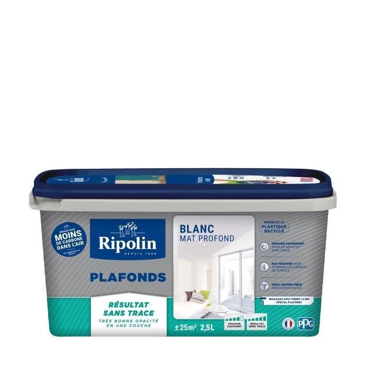 Peinture plafond - RIPOLIN - Xpro3 - Blanc mat - 2,5 l - Rendement 25 m² Peinture plafond - RIPOLIN - Xpro3 - Blanc mat - 2,5 l - Rendement 25 m²