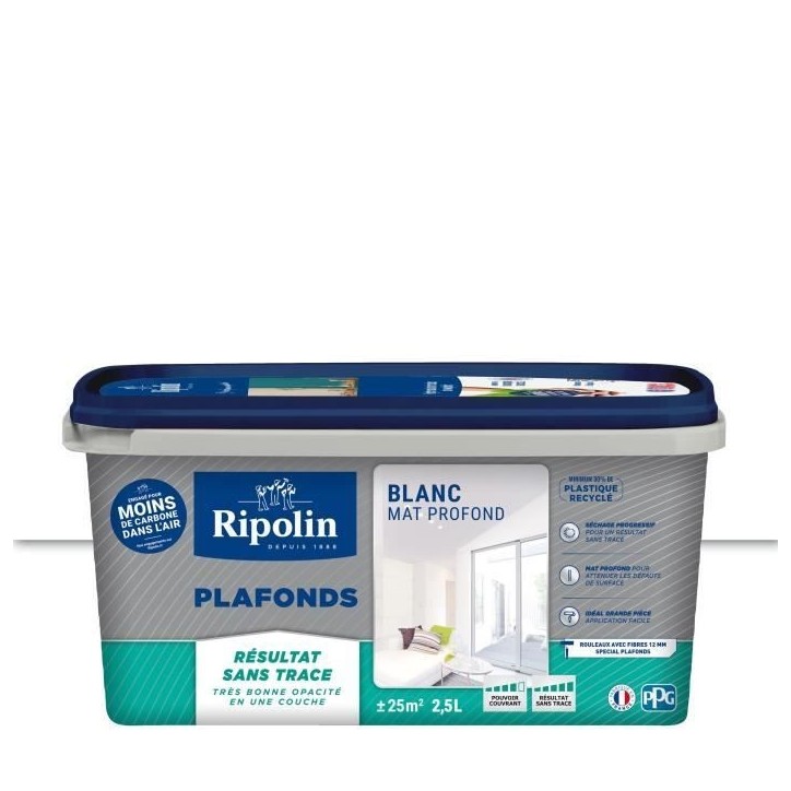 Peinture plafond - RIPOLIN - Xpro3 - Blanc mat - 2,5 l - Rendement 25 m² Peinture plafond - RIPOLIN - Xpro3 - Blanc mat - 2,5 l - Rendement 25 m²