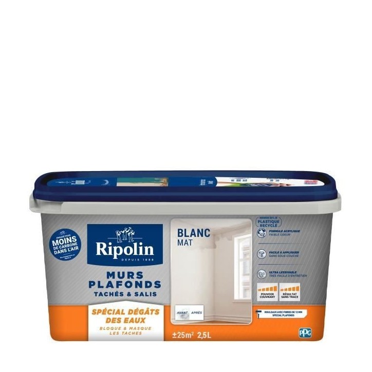 Peinture murs & plafonds tachés & salis - Spécial dégâts des eaux - Blanc mat - RIPOLIN - 2,5L Peinture murs & plafonds tachés & salis - Spécial dégâts des eaux - Blanc mat - RIPOLIN - 2,5L