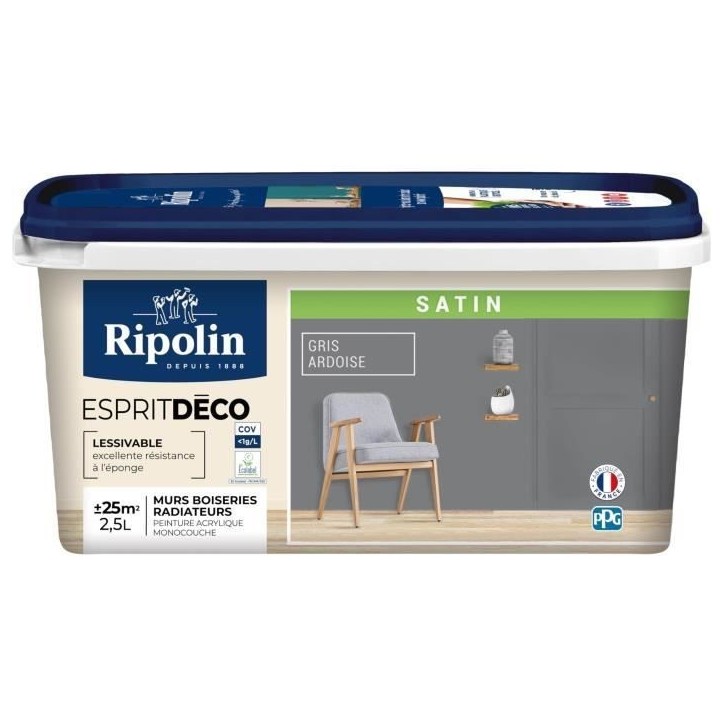 RIPOLIN Peinture Couleur Satin Ultra Couvrante pour Cuisine, Chambre, Salon, Salle, Entrée, Couloir - Gris ardoise RIPOLIN Peinture Couleur Satin Ultra Couvrante pour Cuisine, Chambre, Salon, Salle, Entrée, Couloir - Gris ardoise