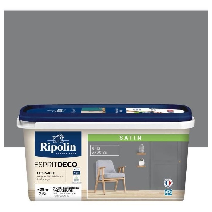 RIPOLIN Peinture Couleur Satin Ultra Couvrante pour Cuisine, Chambre, Salon, Salle, Entrée, Couloir - Gris ardoise RIPOLIN Peinture Couleur Satin Ultra Couvrante pour Cuisine, Chambre, Salon, Salle, Entrée, Couloir - Gris ardoise