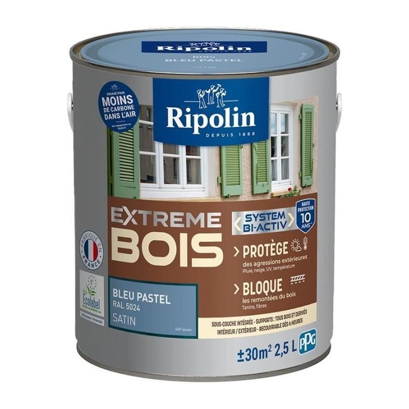 Peinture Extreme bois - Bleu pastel RAL 5024 satin - RIPOLIN - 2,5 L Peinture Extreme bois - Bleu pastel RAL 5024 satin - RIPOLIN - 2,5 L