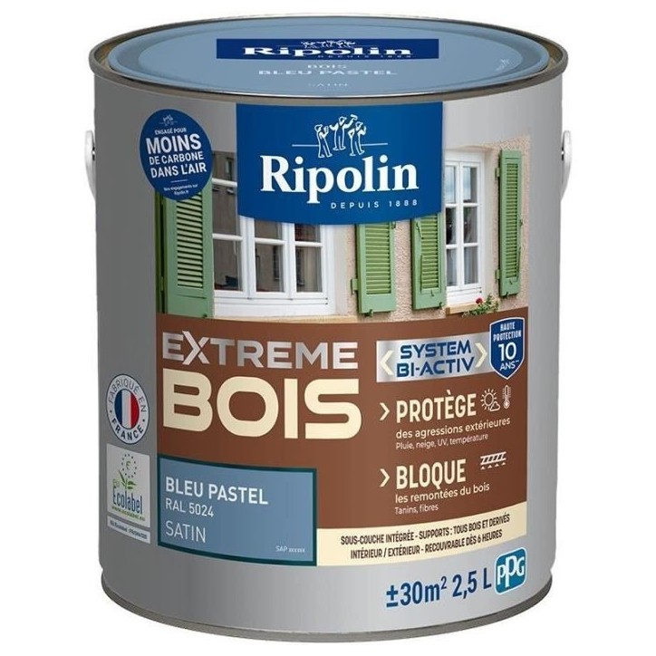 Peinture Extreme bois - Bleu pastel RAL 5024 satin - RIPOLIN - 2,5 L Peinture Extreme bois - Bleu pastel RAL 5024 satin - RIPOLIN - 2,5 L