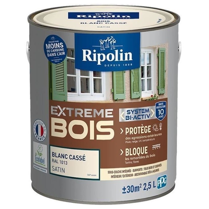 Peinture Extreme bois - Blanc cassé RAL 1013 satin - RIPOLIN - 2,5 L Peinture Extreme bois - Blanc cassé RAL 1013 satin - RIPOLIN - 2,5 L