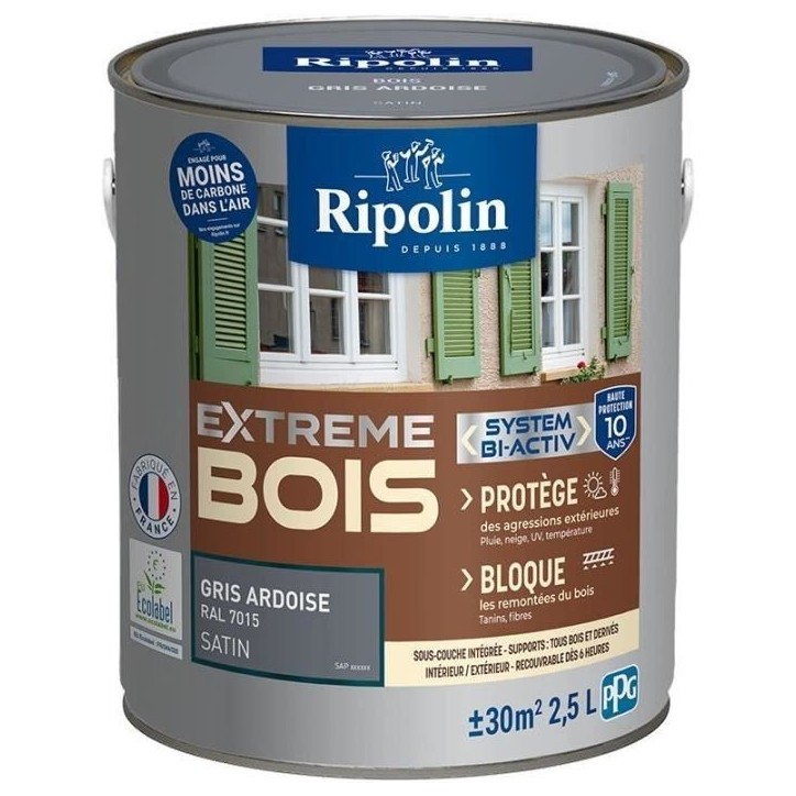 Peinture pour Bois -Intérieur/Extérieur - RIPOLIN - Ultra-couvrante - Résiste aux Intempéries, UV,Chocs -Satin - Gris Ardois Peinture pour Bois -Intérieur/Extérieur - RIPOLIN - Ultra-couvrante - Résiste aux Intempéries, UV,Chocs -Satin - Gris Ardois