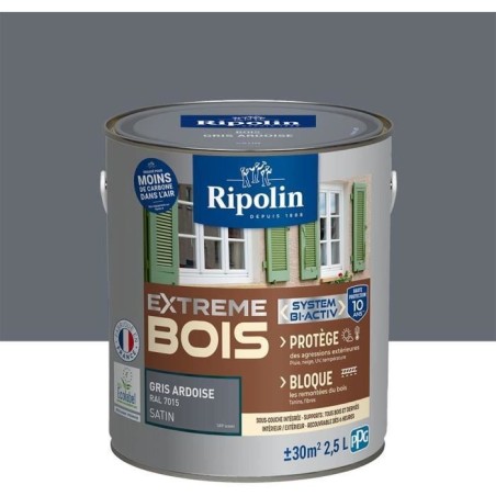 Peinture pour Bois -Intérieur/Extérieur - RIPOLIN - Ultra-couvrante - Résiste aux Intempéries, UV,Chocs -Satin - Gris Ardois