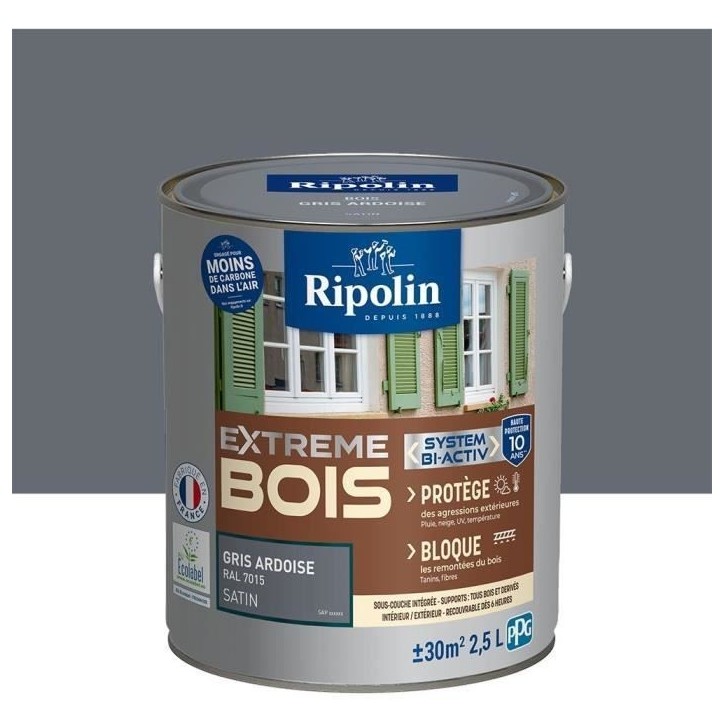 Peinture pour Bois -Intérieur/Extérieur - RIPOLIN - Ultra-couvrante - Résiste aux Intempéries, UV,Chocs -Satin - Gris Ardois Peinture pour Bois -Intérieur/Extérieur - RIPOLIN - Ultra-couvrante - Résiste aux Intempéries, UV,Chocs -Satin - Gris Ardois
