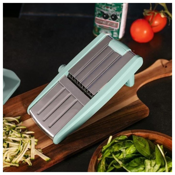 Mandoline 3 en 1 - LIVOO - MEN429 - Acier inoxydable - 3 a 9 mm - Poignée amovible - Poussoir avec piques - Pieds antidérapant