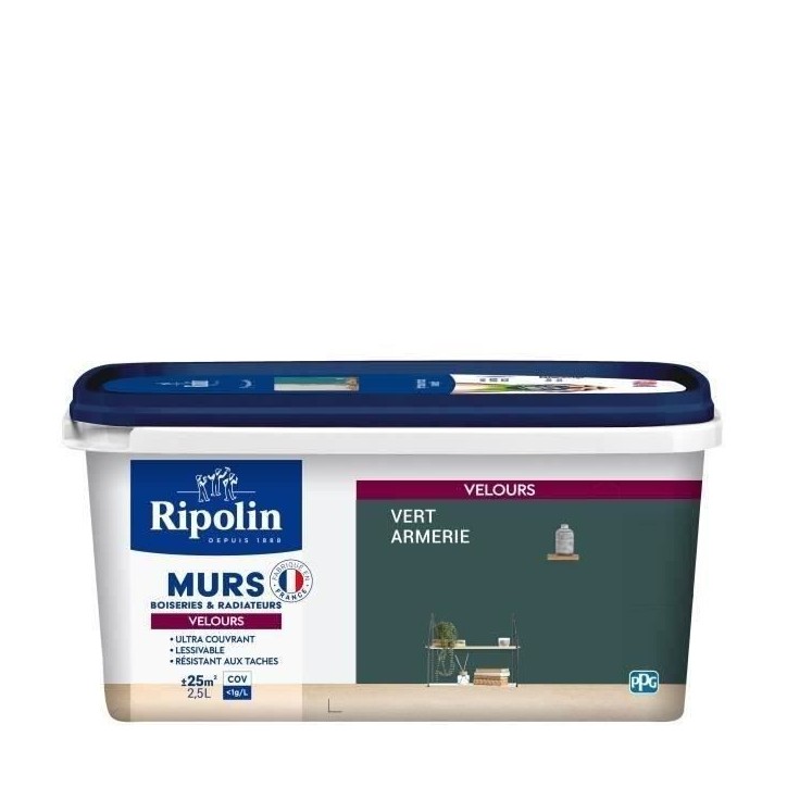 RIPOLIN Peinture Couleur Velours pour Murs, Boiseries Radiateurs - Vert Armerie RIPOLIN Peinture Couleur Velours pour Murs, Boiseries Radiateurs - Vert Armerie