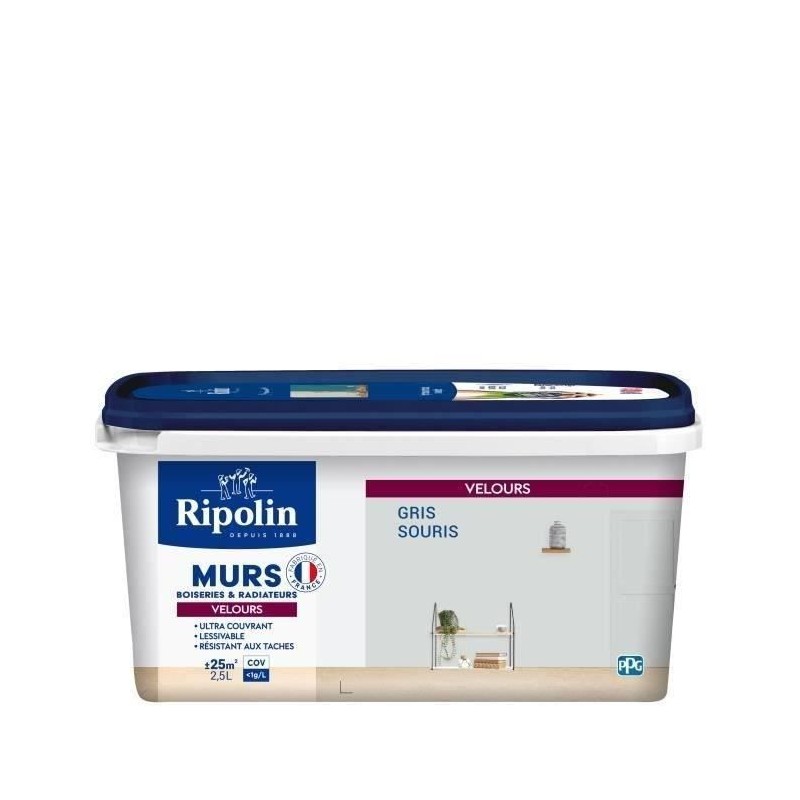 RIPOLIN Peinture Couleur Velours pour Murs, Boiseries Radiateurs - Gri RIPOLIN Peinture Couleur Velours pour Murs, Boiseries Radiateurs - Gri