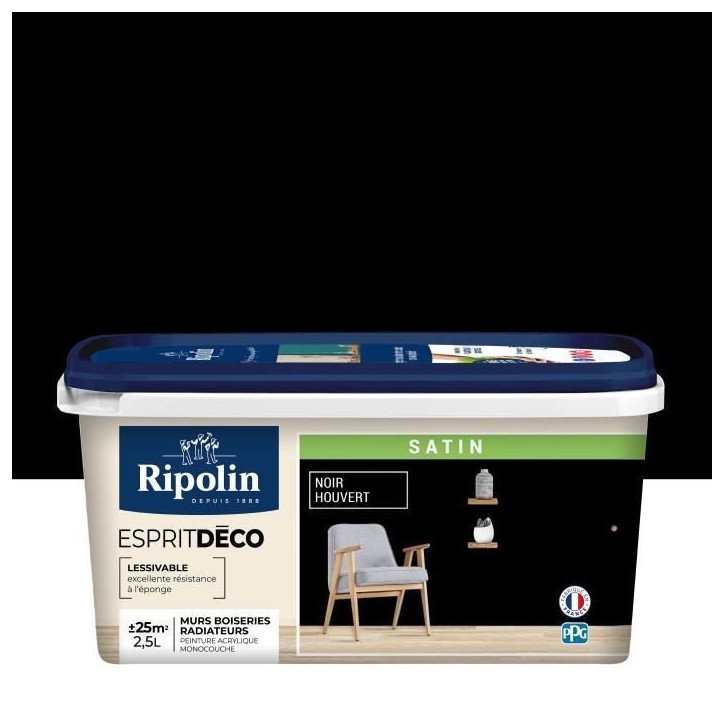 Peinture Couleur Intérieure Satin pour Cuisine Salle Salon Chambre - sur Murs Boiseries Radiateurs - 2,5L - Noir Houvert - Ripo Peinture Couleur Intérieure Satin pour Cuisine Salle Salon Chambre - sur Murs Boiseries Radiateurs - 2,5L - Noir Houvert - Ripo